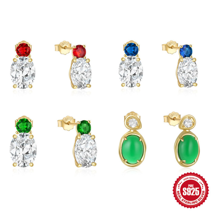 New 925 Sterling Silver Classic Luxurious Stone-Studded Green Gemstone Earrings Hot-Selling Elegant Niche Earrings...