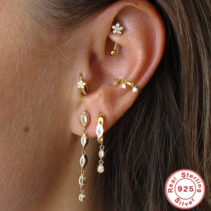 S925 Sterling Silver Diamond-Studded Marquise Chain Versatile Hoop Earrings Ear Clips Earrings European and American Hot-Selling Creative INS Style Earrings
