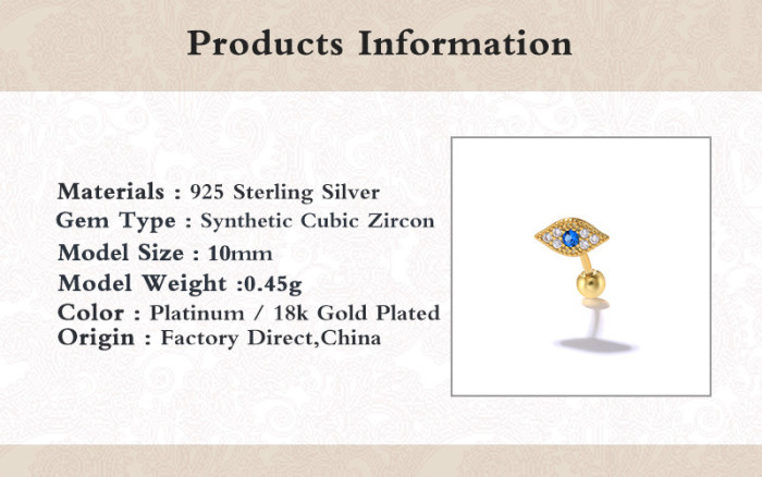 S925 Sterling Silver European and American Devil's Eye Curved Piercing Ear Bone Stud European and American Hot Selling Human Body Threaded Piercing Ear Jewelry