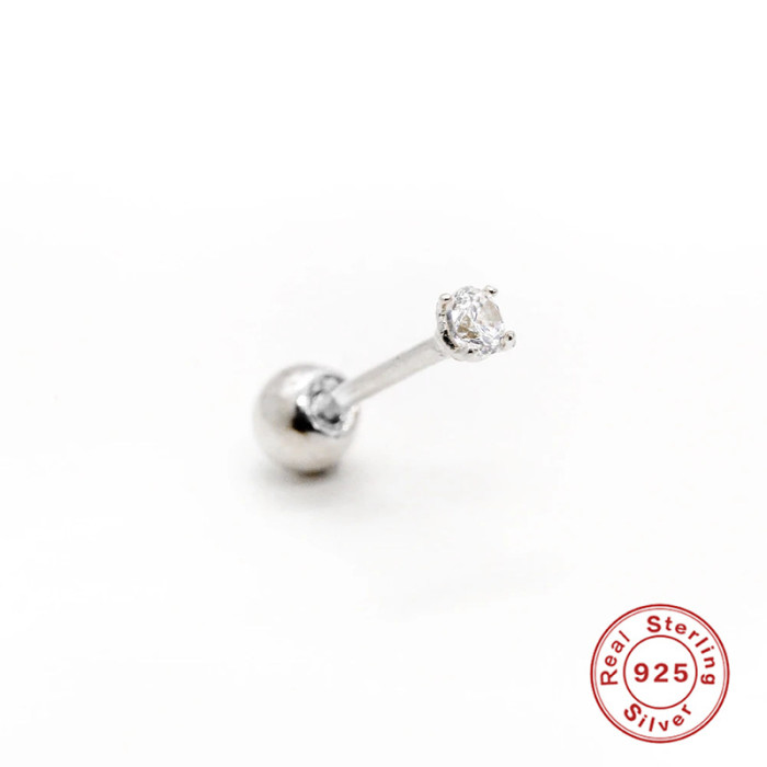 S925 Sterling Silver Four-Prong Zircon Screw Earrings European and American Fashion Ins Style Body Piercing Round Bead Ear Bone Stud Jewelry