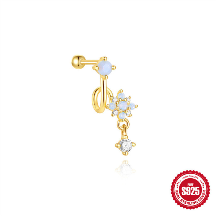 S925 Sterling Silver Natural Stone Crystal High-Grade Round Bead Threaded Piercing Tassel Ear Bone Stud European and American Hot-Selling Personality Earrings