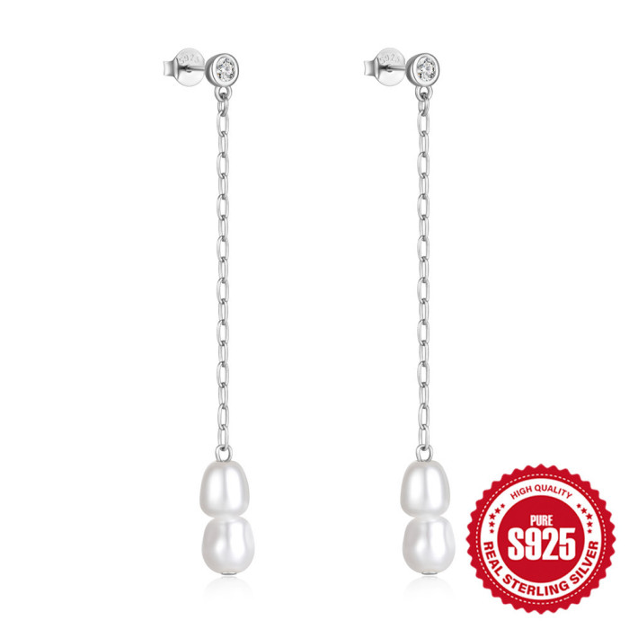 S925 Sterling Silver Simple Retro Long Pearl Chain Tassel Earrings Niche Design Earrings High-end Versatile Ear Jewelry