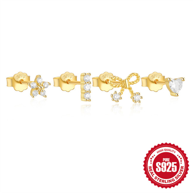 S925 Sterling Silver Bowknot Heart Geometric Diamond Stud Earrings Set European and American Hot Selling Simple Versatile Earrings for Women