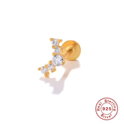 New S925 Sterling Silver Curved Diamond Body Piercing Jewelry INS Style Flat Head Threaded Cartilage Piercing Stud