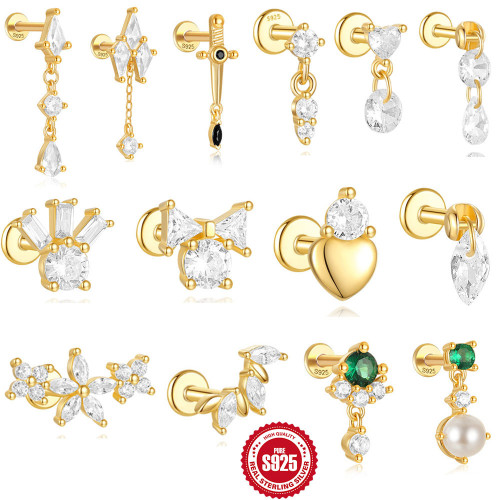 New 925 Sterling Silver INS Heart-Shaped Diamond-Studded Flat Head Piercing Spiral Ear Bone Stud European and American Hot-Selling Exquisite Zirconia Earrings