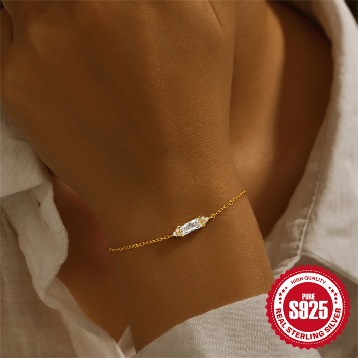925 Sterling Silver Rectangular Inlaid Zircon Versatile Bracelet European and American Hot-Selling Elegant Design INS Minimalist Jewelry for Women