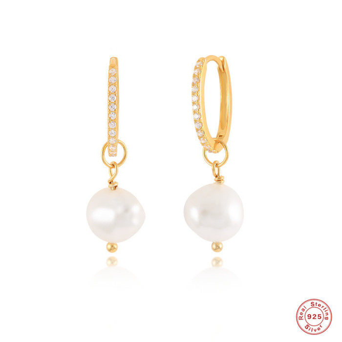 S925 Sterling Silver Baroque Irregular Pearl Inlaid Diamond Hoop Earrings TikTok Same Style Elegant Exquisite Ear Jewelry