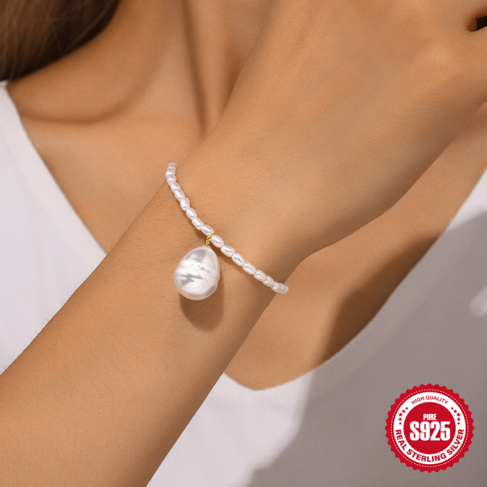 New S925 Sterling Silver Irregular Pearl Bracelet Strong Luster Pearl Bracelet for Women Beaded Small Rice Beads Simple Jewelry for Women
