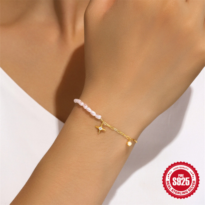 S925 Sterling Silver Exquisite Opal Star Light Luxury Inlaid Diamond Pearl Elegant Bracelet Korean Version Niche High-end Internet Celebrity Jewelry