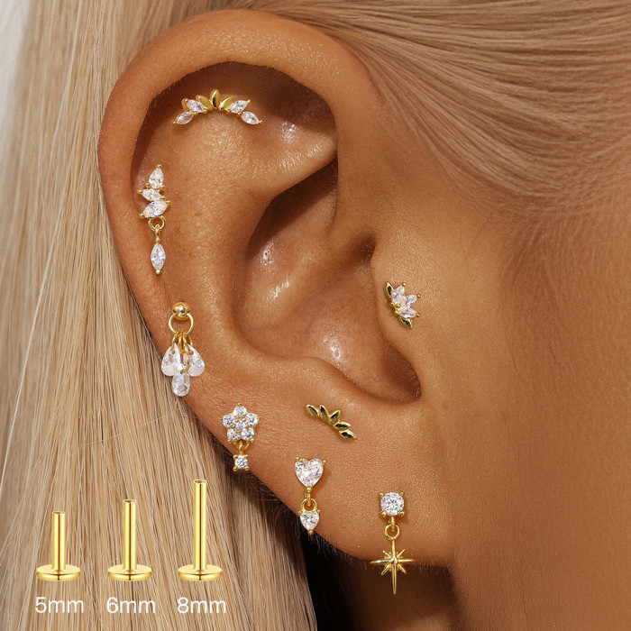 S925 Sterling Silver Geometric Diamond-Studded Soft Bone Flat Head Spiral Piercing Earrings European and American Hot Selling Multi-Size Versatile Ear Bone Studs