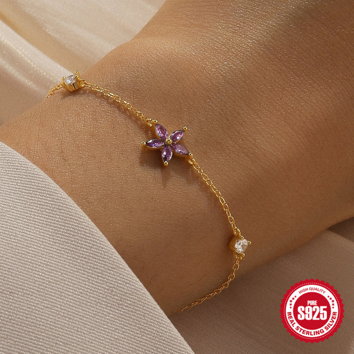 S925 Sterling Silver Summer Cute Flower Stone-Inlaid Daily Matching Bracelet Korean Version Niche Design Bracelet J...