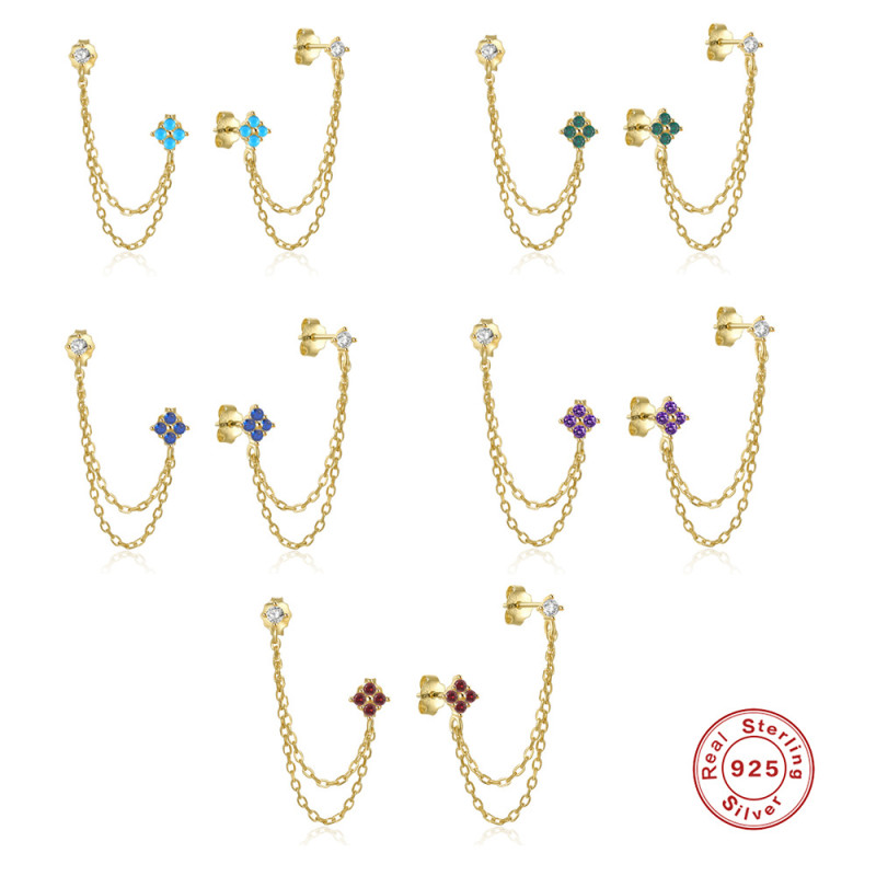 S925 Sterling Silver INS Style Chain Tassel Diamond-Studded Ear Thread Earrings Stud Earrings Fashion Hot-Selling Personality Trendy Earrings for Women