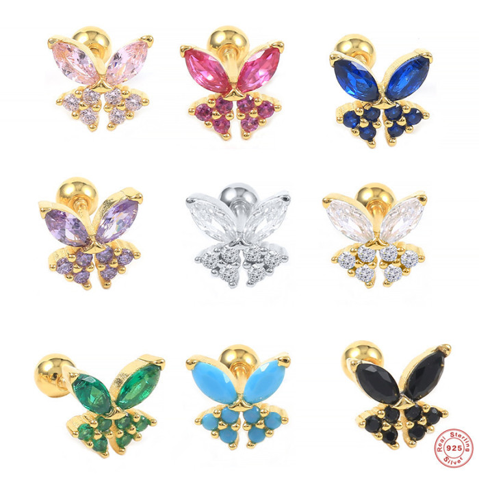 S925 Sterling Silver Single Butterfly Screw Ear Bone Stud Cross-Border Creative Fashion Earrings Piercing Jewelry