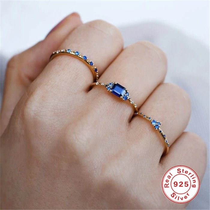 S925 Sterling Silver Geometric Double Layer Stone-Inlaid Couple Rings Hot Selling French Style Colorful Index Finge...