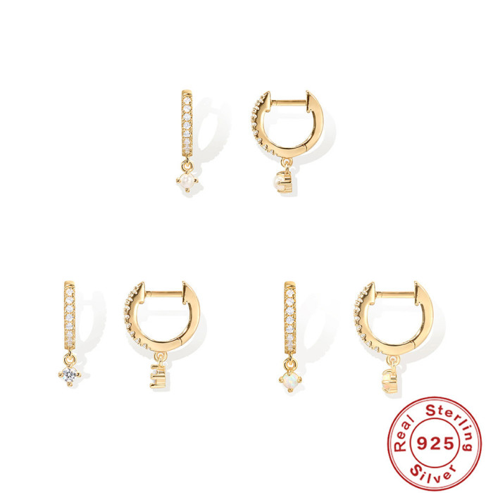 S925 Sterling Silver Opal Elegant Pearl Classic Hoop Earrings Korean Style High-end Four-prong Diamond-studded Ear Cuff Earrings for Women