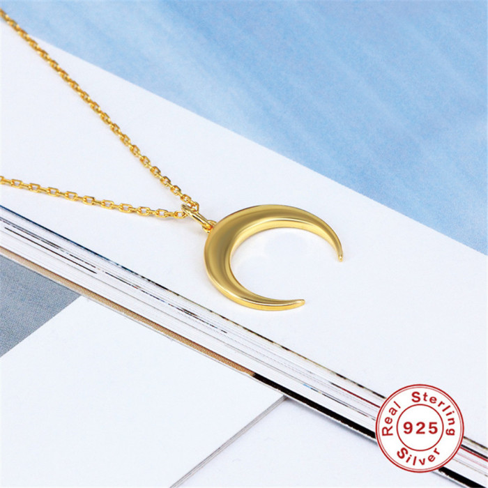 S925 Sterling Silver Vintage INS Crescent Simple Fashion Pendant Necklace European and American New Product Horn Moon Roman Necklace