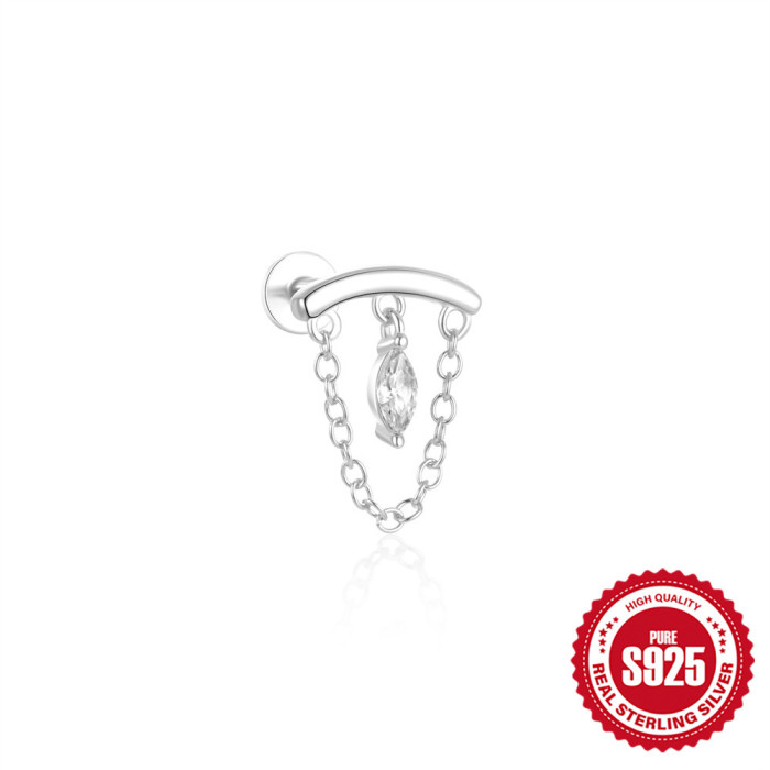 S925 Sterling Silver Tassel Cartilage Horse Eye Zircon Piercing Stud Earrings European and American Hot Selling Moon Temperament Ear Bone Stud for Women