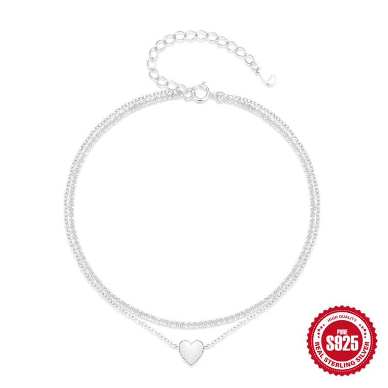 S925 Sterling Silver Double Layer Adjustable Heart Pendant Anklet Versatile Trendy TikTok Same Style Minimalist Elegant Anklet