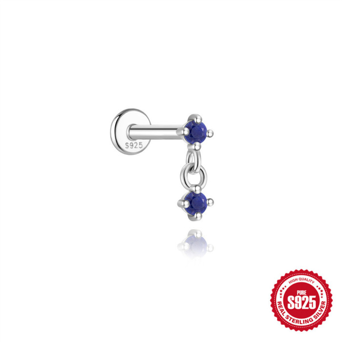 S925 Sterling Silver Geometric Inlaid Natural Lapis Lazuli Flat Head Threaded Piercing Ear Bone Stud New Hot-Selling High-End Earrings