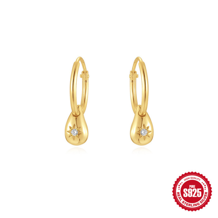 S925 Sterling Silver Inlaid Diamond Eight-Pointed Star Pendant Hoop Earrings European and American Hot Selling INS Minimalist Style Versatile Earrings