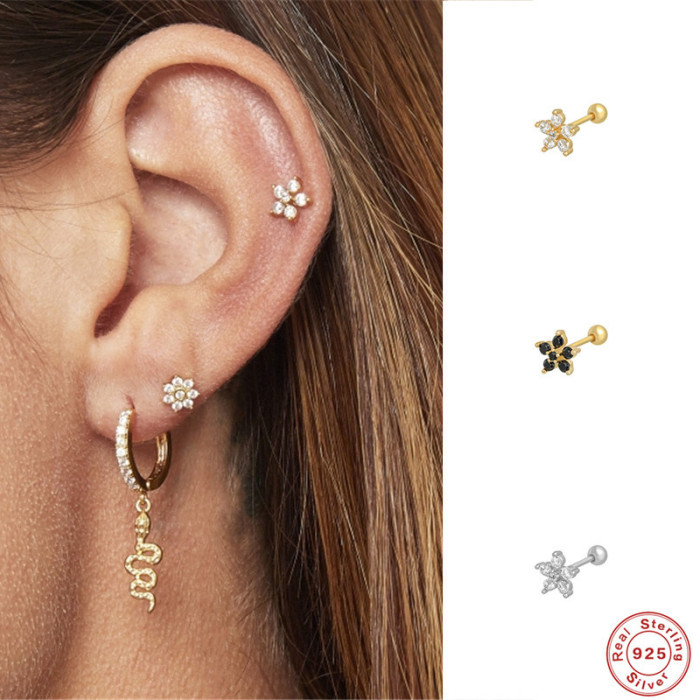 S925 Sterling Silver Light Luxury Ins Snowflake Inlaid Diamond Thread Piercing Single Earring Cross-Border Trendy Fashion Simple Earrings