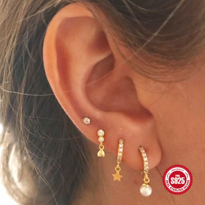 S925 Sterling Silver Inlaid Diamond Pearl Earrings Hoop Earrings Hot-Selling Minimalist Ear Clips Versatile Ear Jewelry