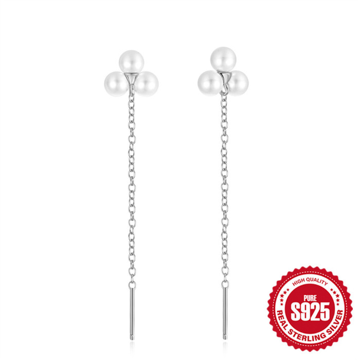 New 925 Sterling Silver Diamond-Studded Pearl Tassel Earrings Ear Thread Earrings Korean and Japanese Niche High-End INS Minimalist Earrings for Women