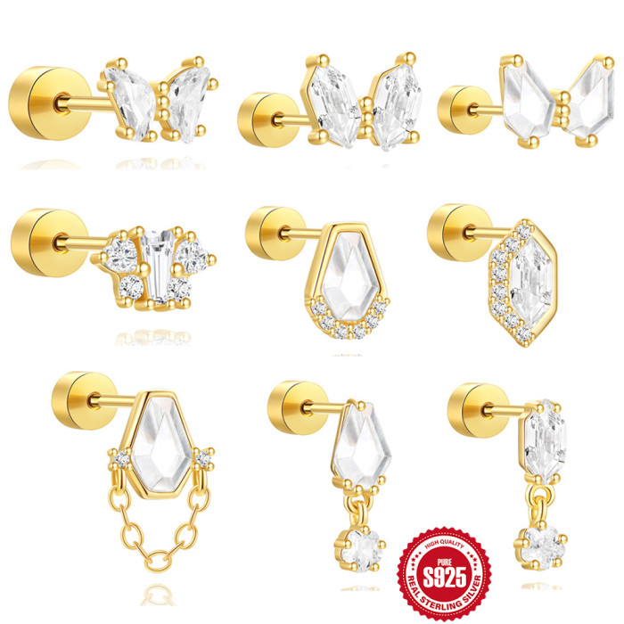 S925 Sterling Silver Super Flash Zircon Geometric Butterfly Inlaid Diamond Flat Head Cylinder Thread Piercing Ear Bone Nail Cross-Border Hot Selling Model