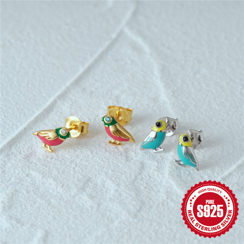 S925 Sterling Silver Personality Colorful Oil Drop Fun Bird Earrings European and American Hot-Selling French Retro Creative Ear Jewelry