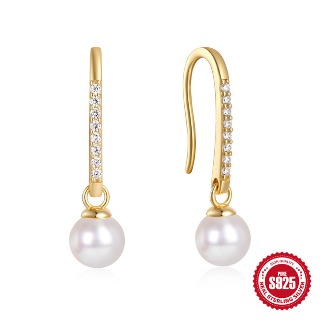 S925 Sterling Silver High-End Versatile Diamond-Studded Pearl Ear Hook Earrings Korean and Japanese Style Internet Celebrity Temperament Personality INS Earrings
