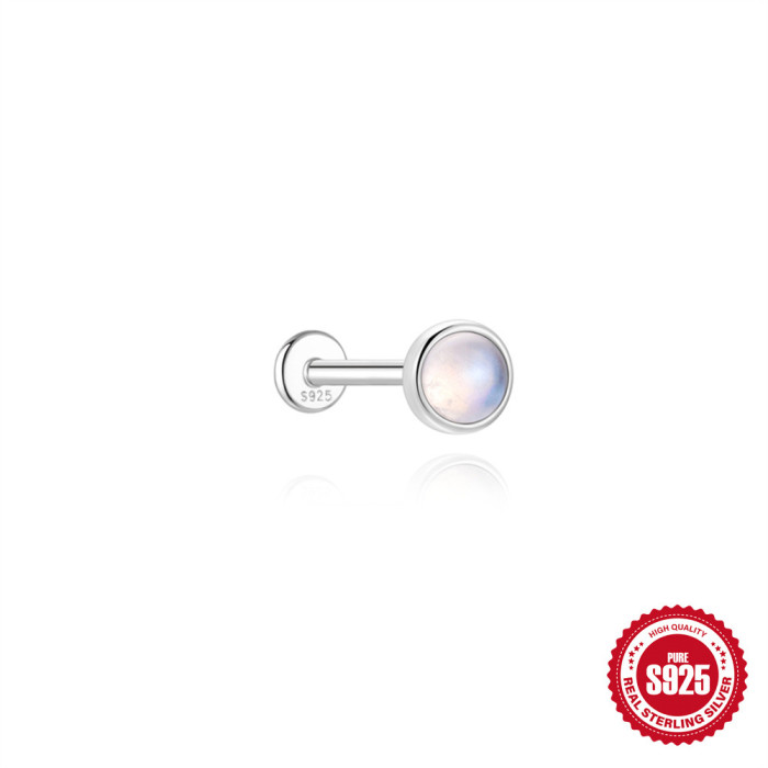 S925 Sterling Silver Inlaid Diamond Natural Moonstone Flat Head Threaded Piercing Ear Bone Stud Korean Version Niche High-end Ear Jewelry