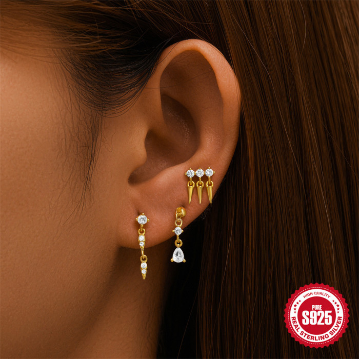 S925 Sterling Silver Diamond-Studded Flat Bottom Piercing Threaded Ear Bone Stud European and American Style Row Diamond Cone Crown Pendant Water Drop Earrings Jewelry