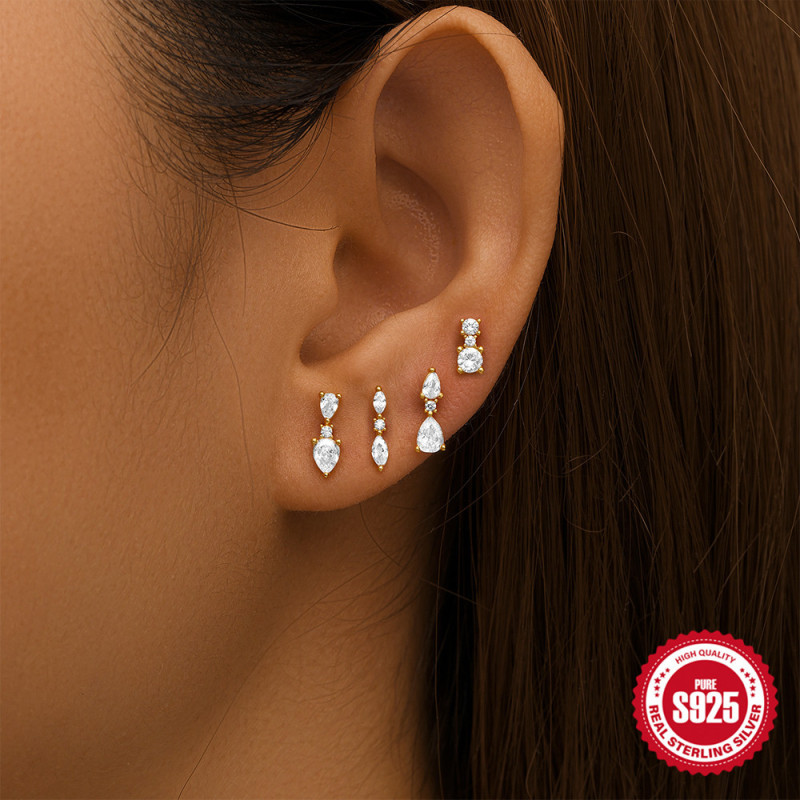 925 Sterling Silver Geometric Diamond Classic 4-Piece Set Earrings Vintage Turquoise Ear Studs Small Gold Ball Earrings