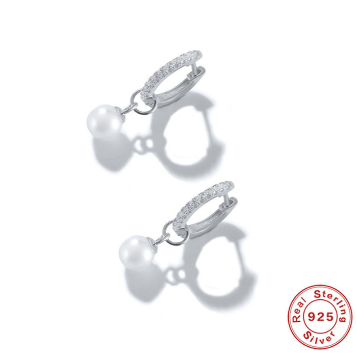 S925 Sterling Silver Light Luxury Elegant Diamond-Studded Pearl Hoop Earrings Korean and Japanese INS Style Socialite Minimalist Earrings