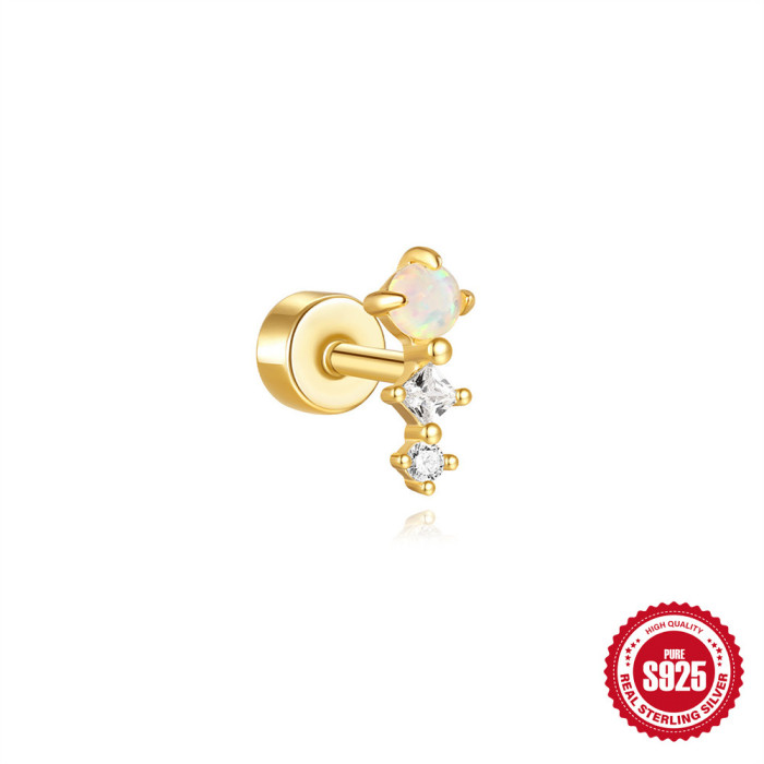 S925 Sterling Silver Moon Heart Opal Cylinder Threaded Piercing Ear Bone Stud European and American Hot Selling Elegant Diamond-Encrusted Ear Jewelry