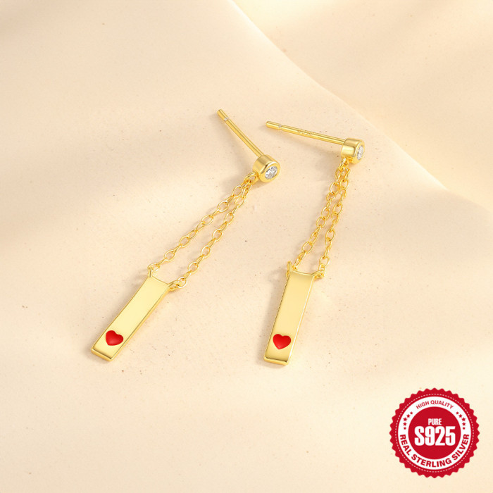 S925 Sterling Silver Chain Earrings for Women, Personality Minimalist Style, Trendy Small Gold Bar with Heart Oil Drop Earrings for Women