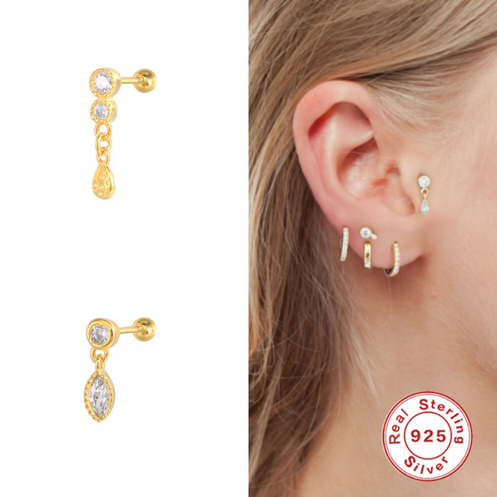 S925 Sterling Silver Hollow Midnight Water Drop Pendant Cartilage Earrings Versatile Piercing Threaded Stud Earrings Ear Bone Stud Earrings Jewelry