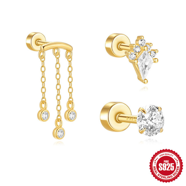 S925 Sterling Silver Flat Column Threaded Piercing Ear Bone Stud Creative Personality Tassel Inlaid Diamond Hot-Selling Earrings Ear Jewelry