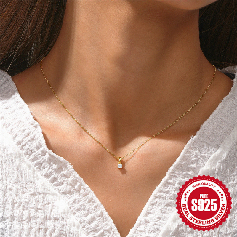 New 925 Sterling Silver Simple Classic Four-Prong Inlaid Zircon Necklace and Earrings Set European and American Hot-Selling Niche Jewelry