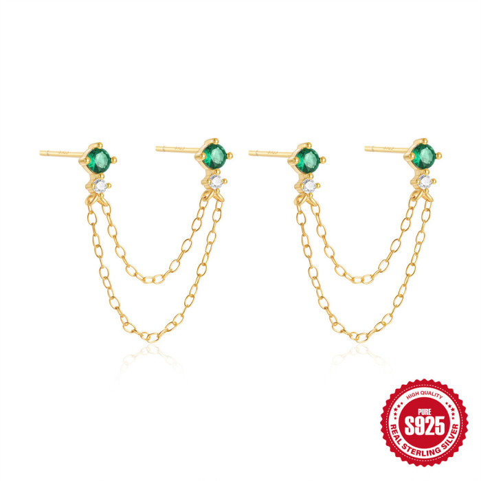New S925 Sterling Silver Double Layer Chain Five-Pointed Star Tassel Inlaid Diamond Earrings Stud Earrings European and American Hot-Selling Earrings for Women