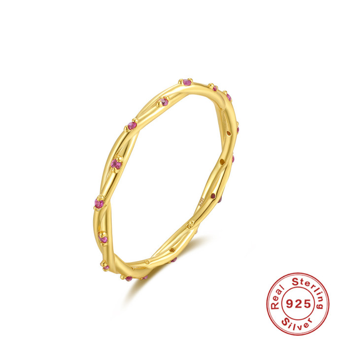 S925 Sterling Silver INS Style Braided Twist Pattern Colorful Stone Ring Hot-Selling Elegant Creative Personality T...