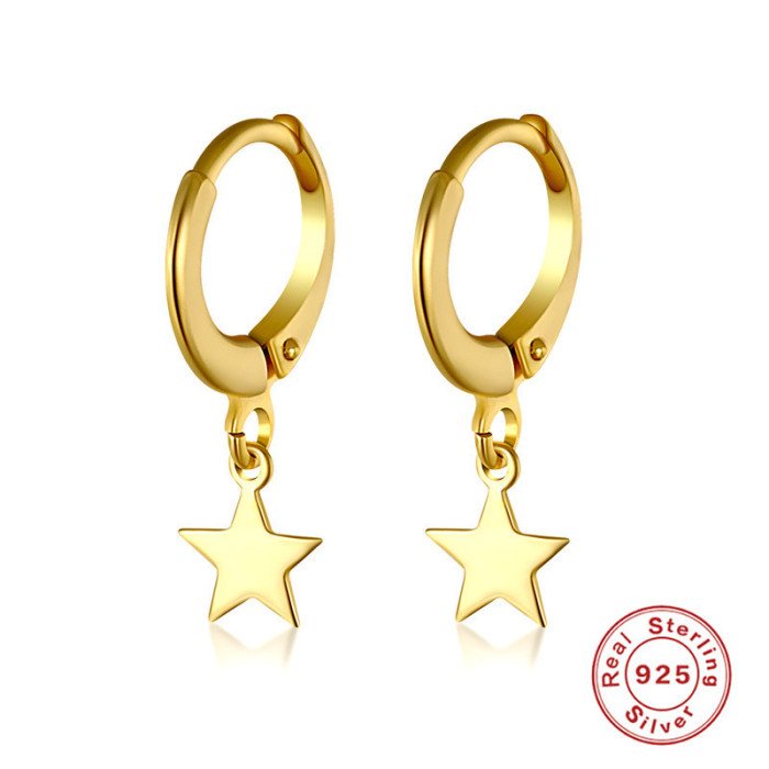 S925 Sterling Silver Earrings for Women Korean Style Elegant Temperament Five-Pointed Star Glossy Star Pendant Ear Clips Ear Jewelry Hot Sale