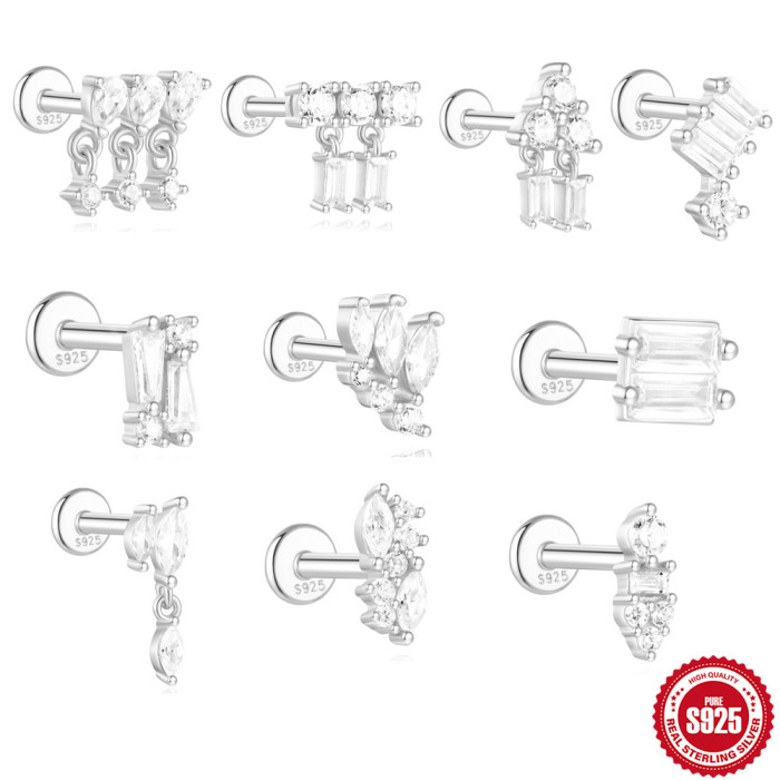 S925 Sterling Silver Exquisite Zircon Inlaid Flat Spiral Piercing Ear Bone Stud European and American Hot-Selling Geometric White Gold Ear Jewelry
