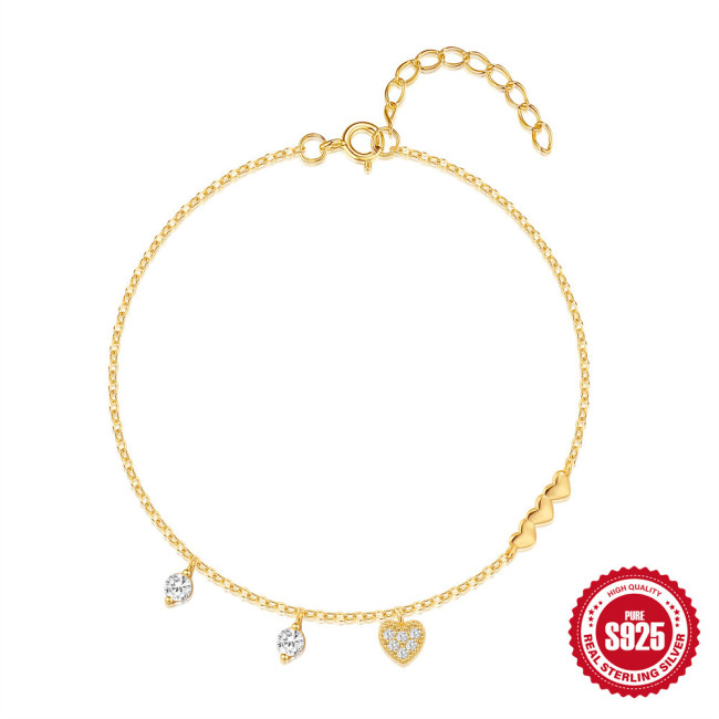 S925 Sterling Silver Fashion Heart-Shaped Diamond-Studded Ultra-Shiny Light Luxury Elegant Bracelet Korean and Japanese Style Unique Niche High-End Feel Women's Jewelry