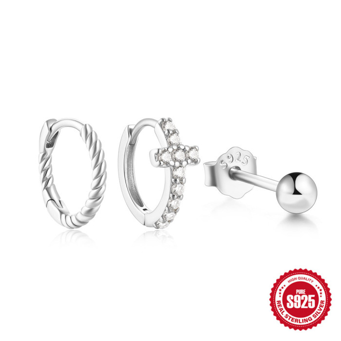 S925 Sterling Silver Cross Round Bead Inlaid Diamond Hoop Earrings Ear Clips Ear Studs AliExpress Bestselling Fashionable Elegant Earring Set