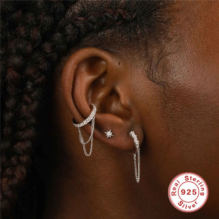 S925 Sterling Silver Single Row Diamond Double Layer Chain Tassel Ear Thread Ear Clip Ear Buckle European and American Best Selling Ins Ear Jewelry Earrings
