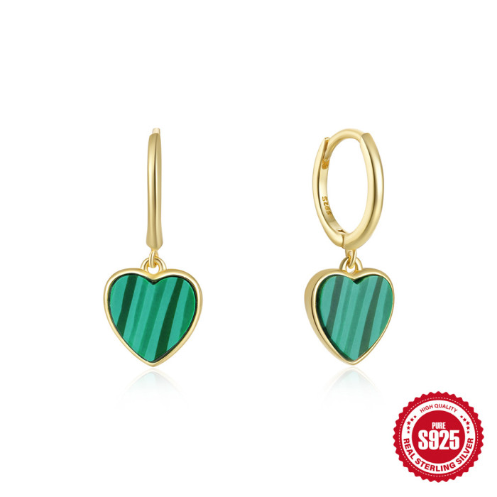 New 925 Sterling Silver Heart-Shaped Malachite Elegant Hoop Earrings European and American Hot-Selling French Style Versatile Earrings