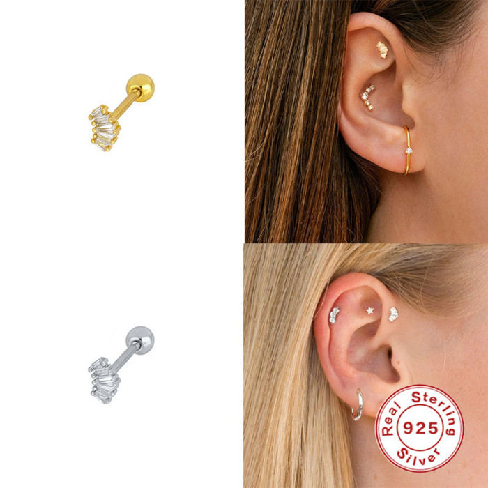 S925 Sterling Silver Personality Trapezoid Inlaid Diamond Single Row Piercing Threaded Earrings European and American Bestselling Ins Style Ear Bone Studs