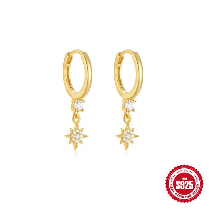 S925 Sterling Silver Eight-Pointed Star Inlaid with Diamonds Opal Hoop Earrings European and American Hot-Selling Elegant Niche High-End Ear Cuffs Ear Jewelry