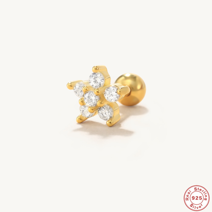 S925 Sterling Silver Light Luxury Ins Snowflake Inlaid Diamond Thread Piercing Single Earring Cross-Border Trendy Fashion Simple Earrings